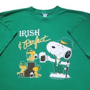 Vintage 80s Irish Snoopy & Woodstock XL Single Stitch USA Made Mens Green Shirt